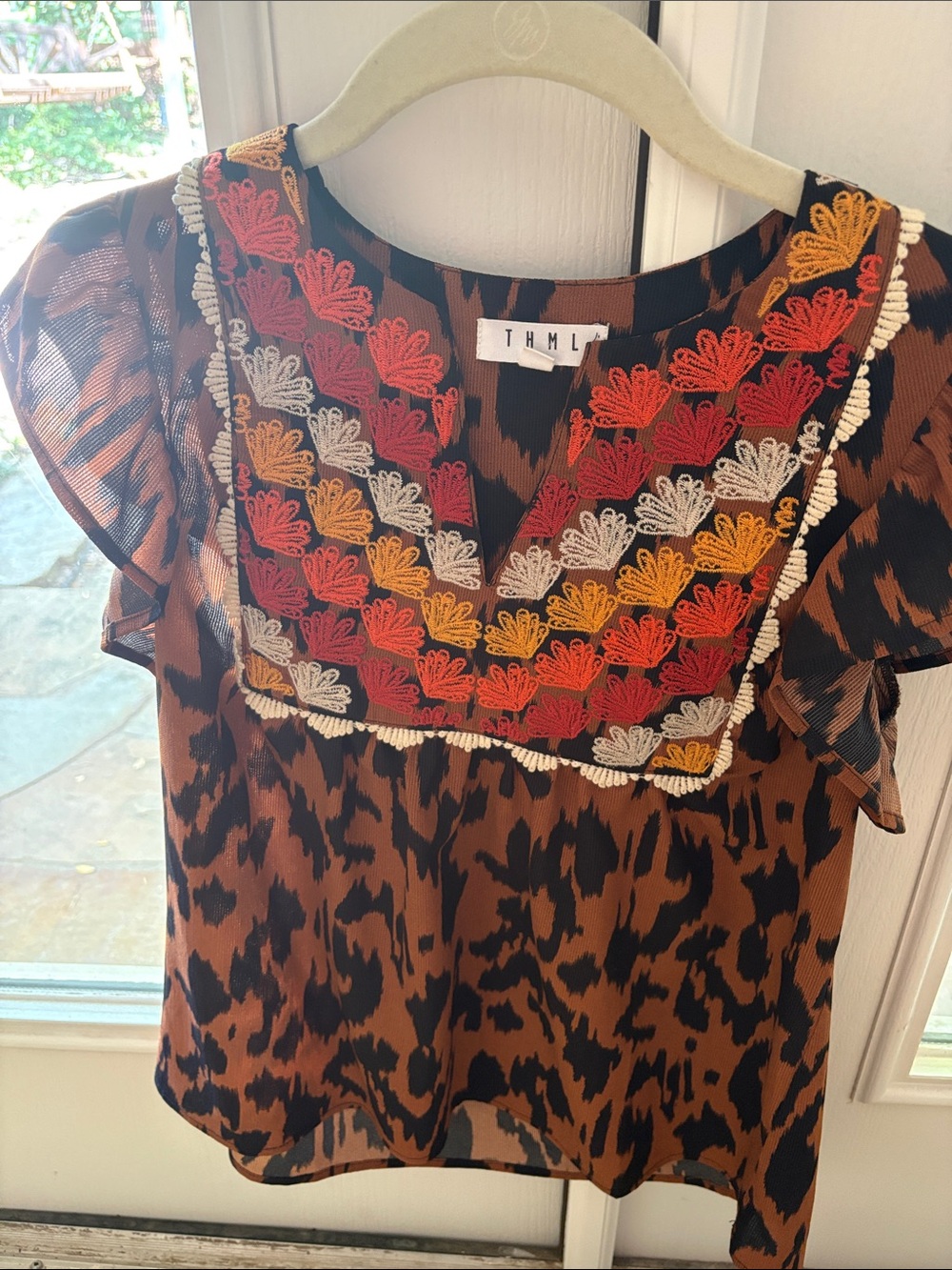 THML Brown Leopard Print Top with Multicolor Embroidered Bib